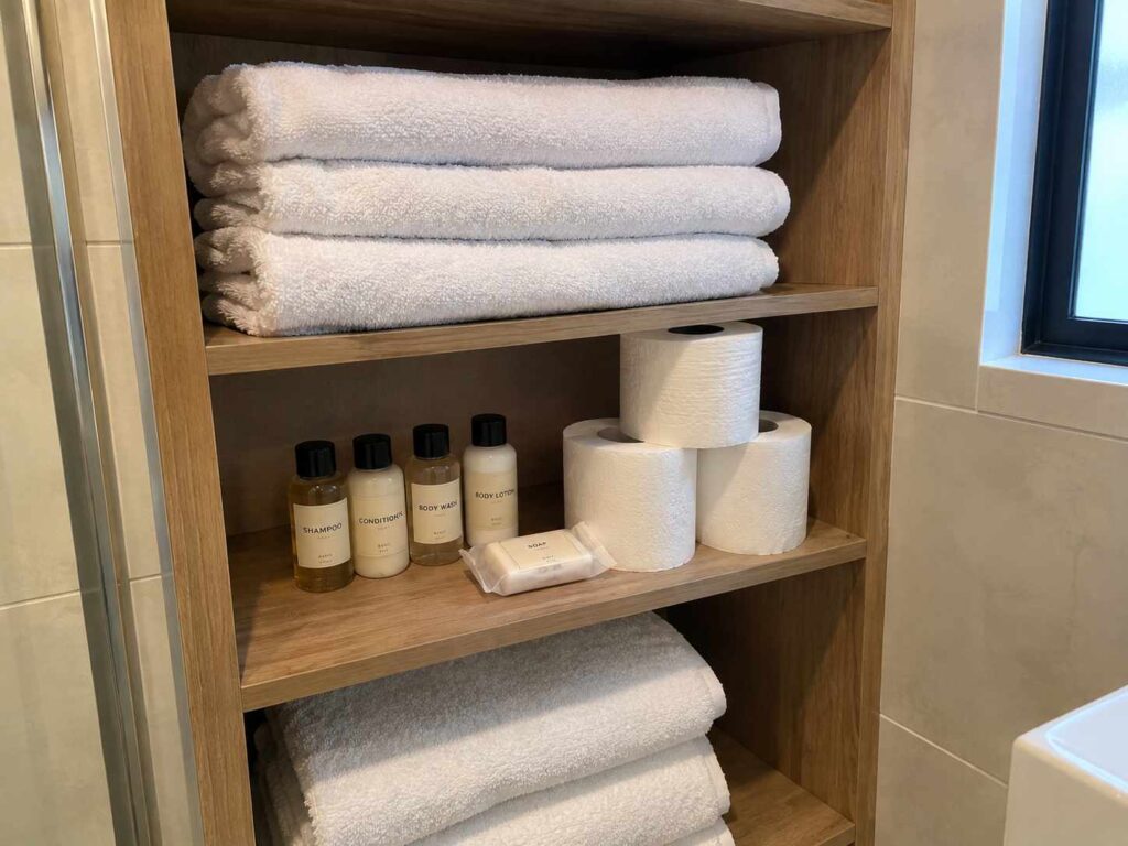 Restocked Airbnb bathroom shelf with folded towels, spare toilet paper and toiletries