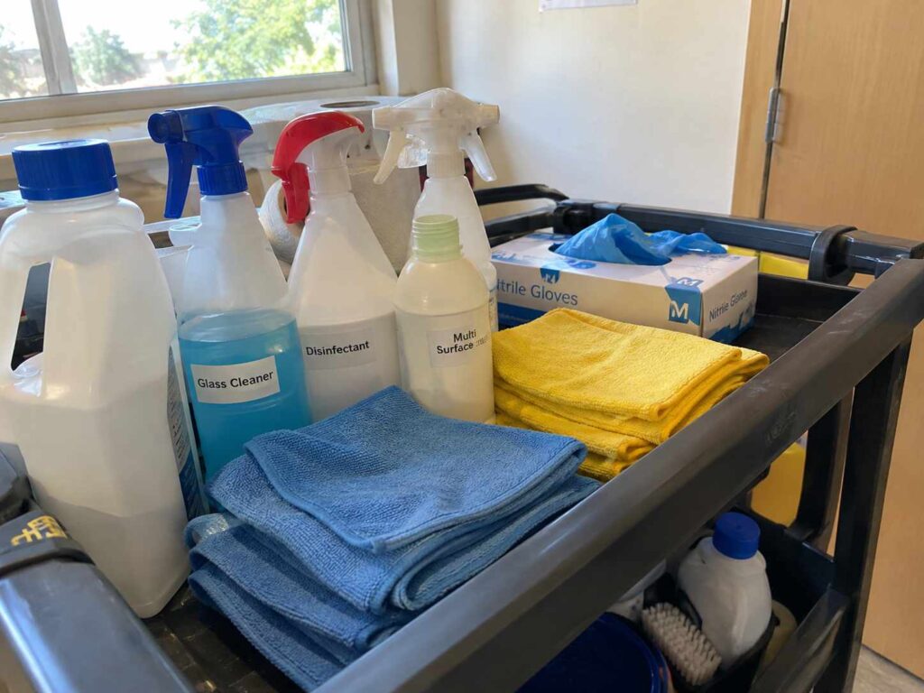 Low toxicity childcare cleaning products and colour coded cloths used in Sydney centres