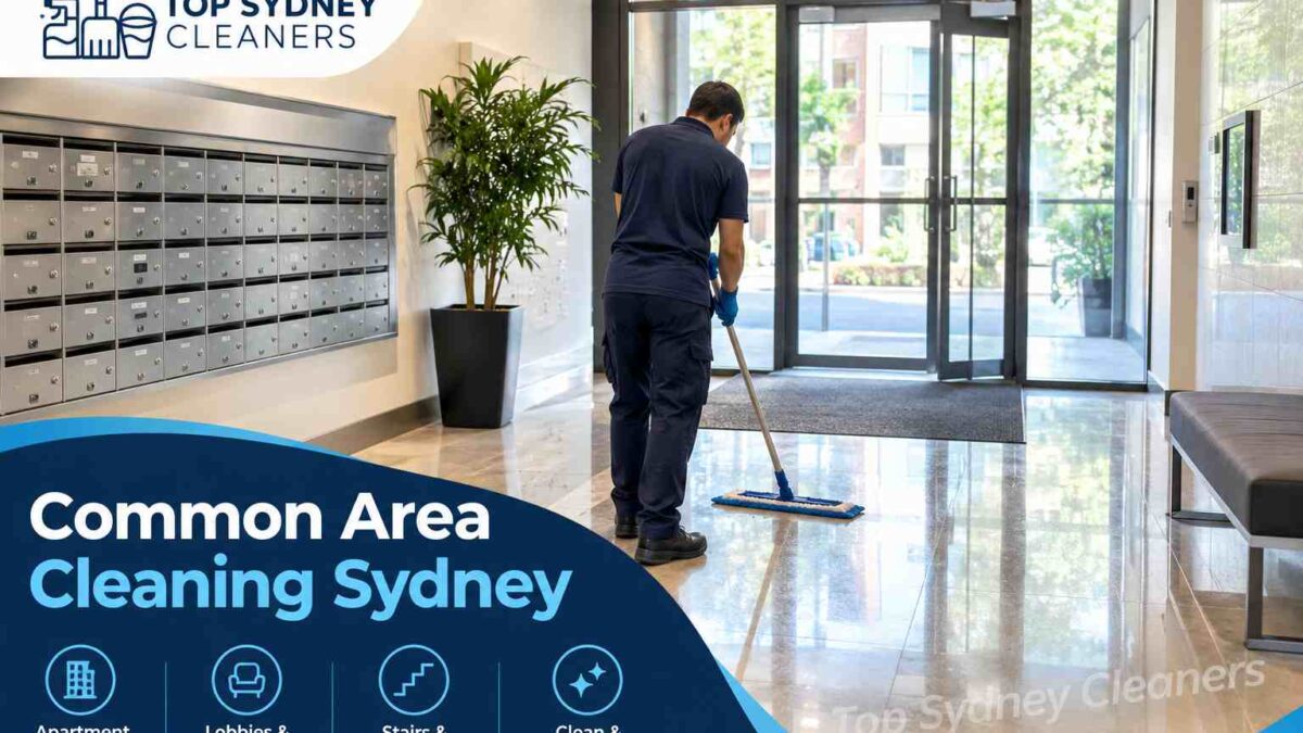 Clean apartment lobby floor and glass entry door after common area cleaning in Sydney