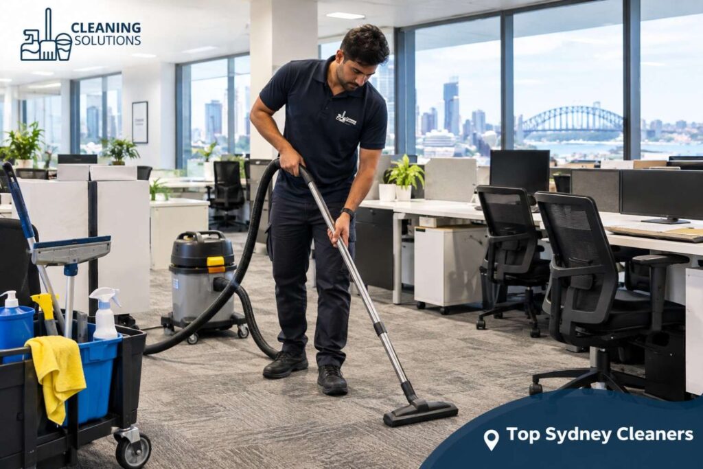 A Top Sydney Cleaners team member vacuuming carpet in a Sydney open-plan office