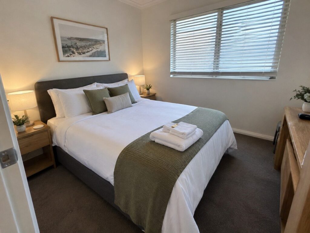 Guest-ready Airbnb bedroom after a Sydney linen cleaning turnover