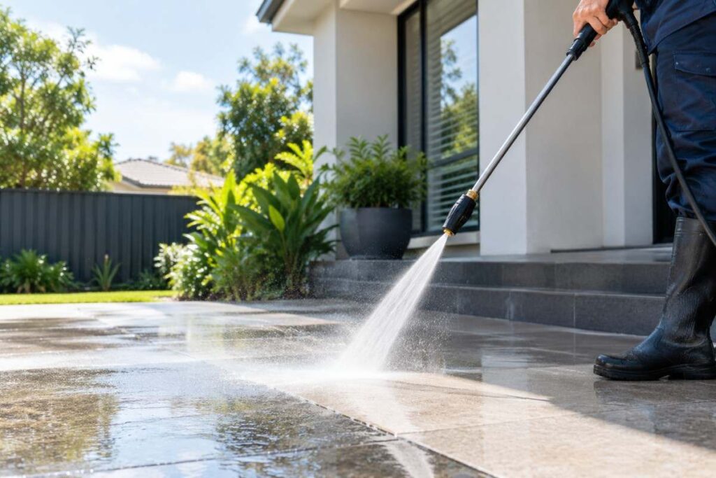 A cleaner using a pressure washer to clean an exterior surface