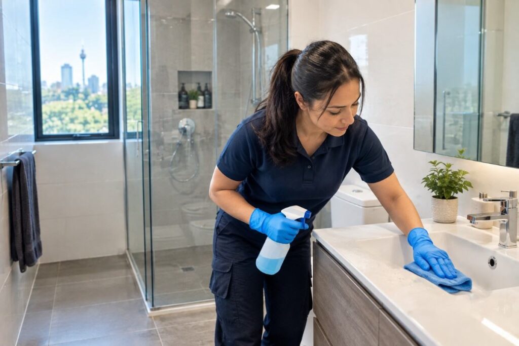 A cleaner with a spray bottle and cloth, ready to clean a bathroom