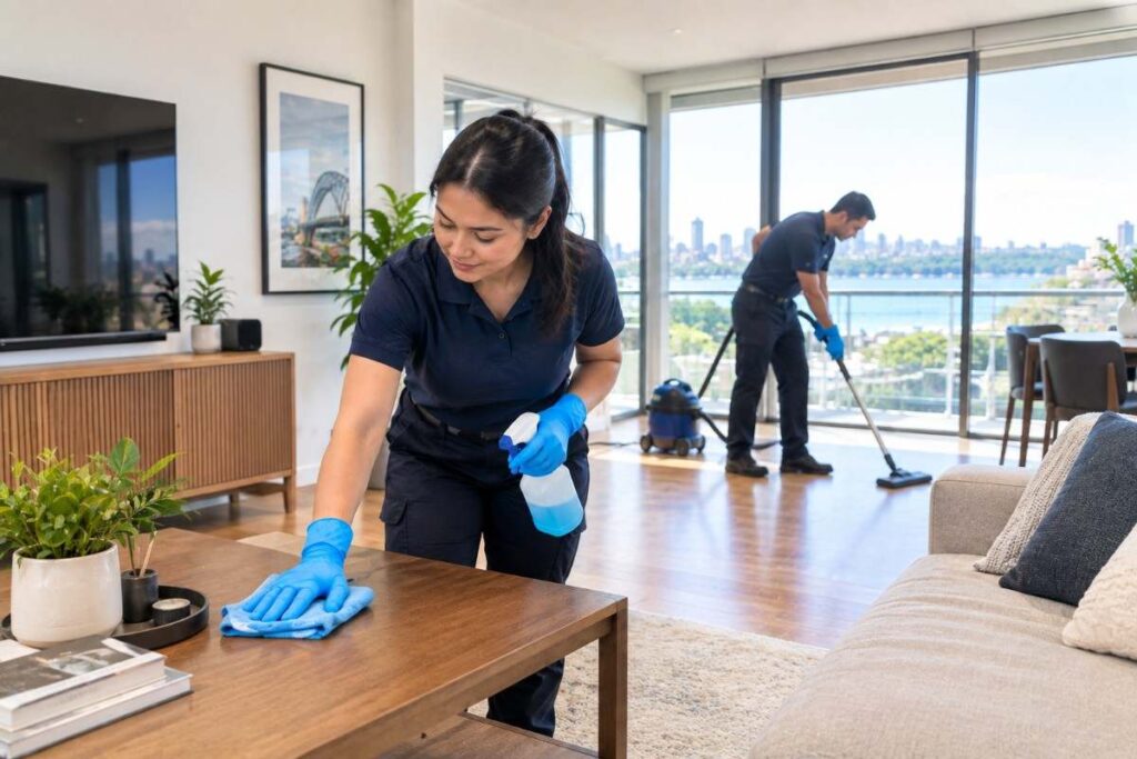 Two cleaners in uniform vacuuming and tidying a bright living room
