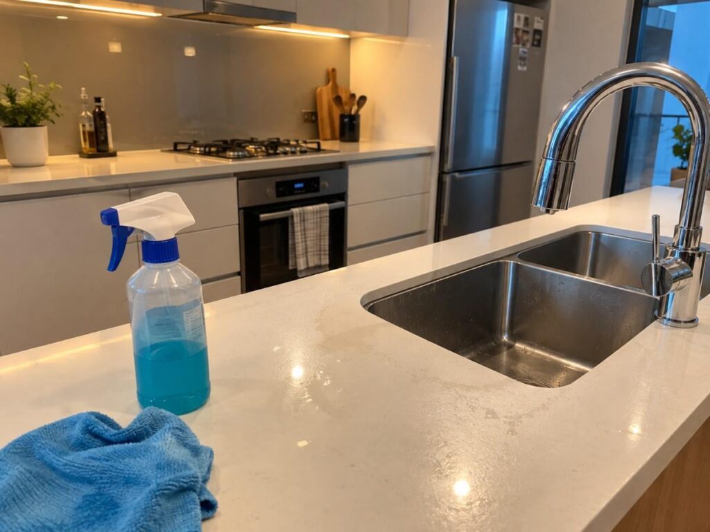 Kitchen benchtop being wiped down during a regular house cleaning visit