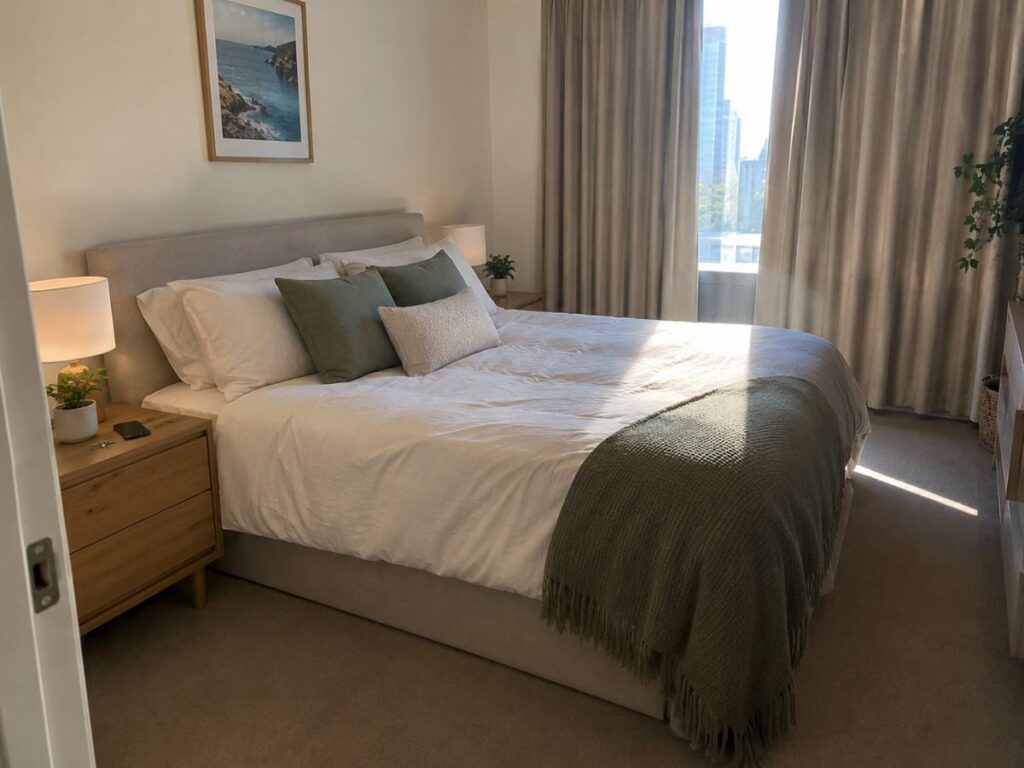 Tidy bedroom with made bed after a regular house cleaning service in Sydney