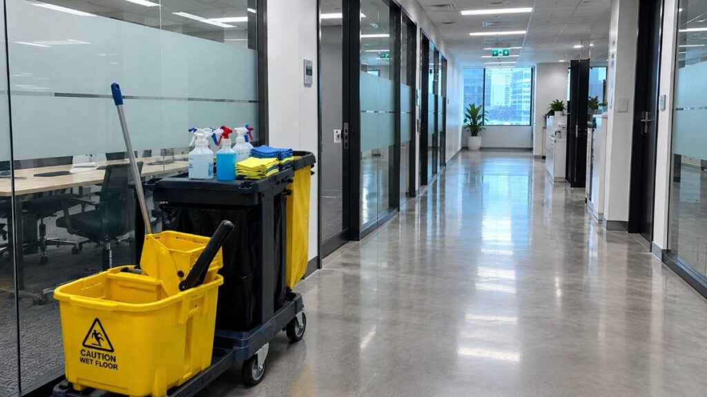 Cleaning trolley and supplies in a Sydney commercial office corridor during a scheduled clean