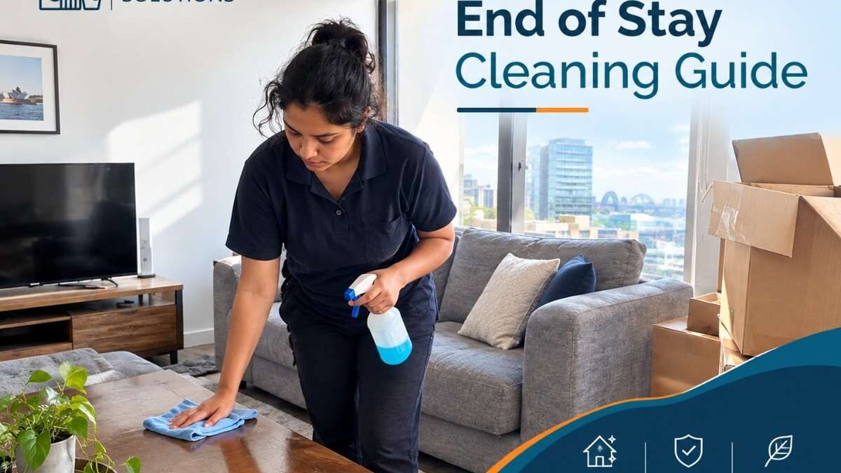 Cleaner doing an Airbnb end of stay cleaning in a Sydney apartment