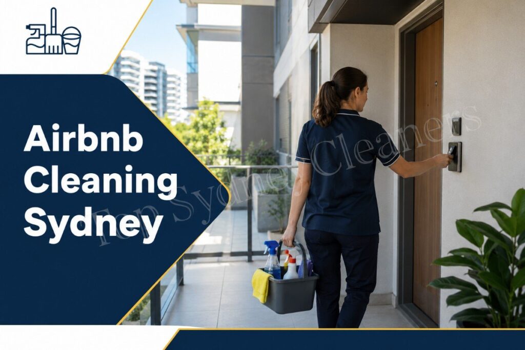 Professional Airbnb cleaner arriving at a Sydney apartment for a turnover clean