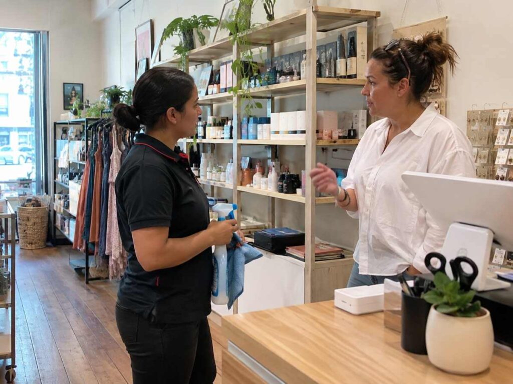 Store owner discussing a retail cleaning company service with a cleaning team member
