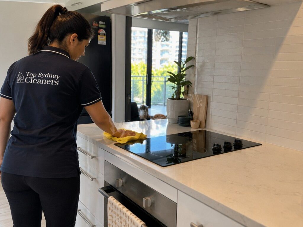 Cleaner wiping down the kitchen during an Airbnb turnover clean in Sydney