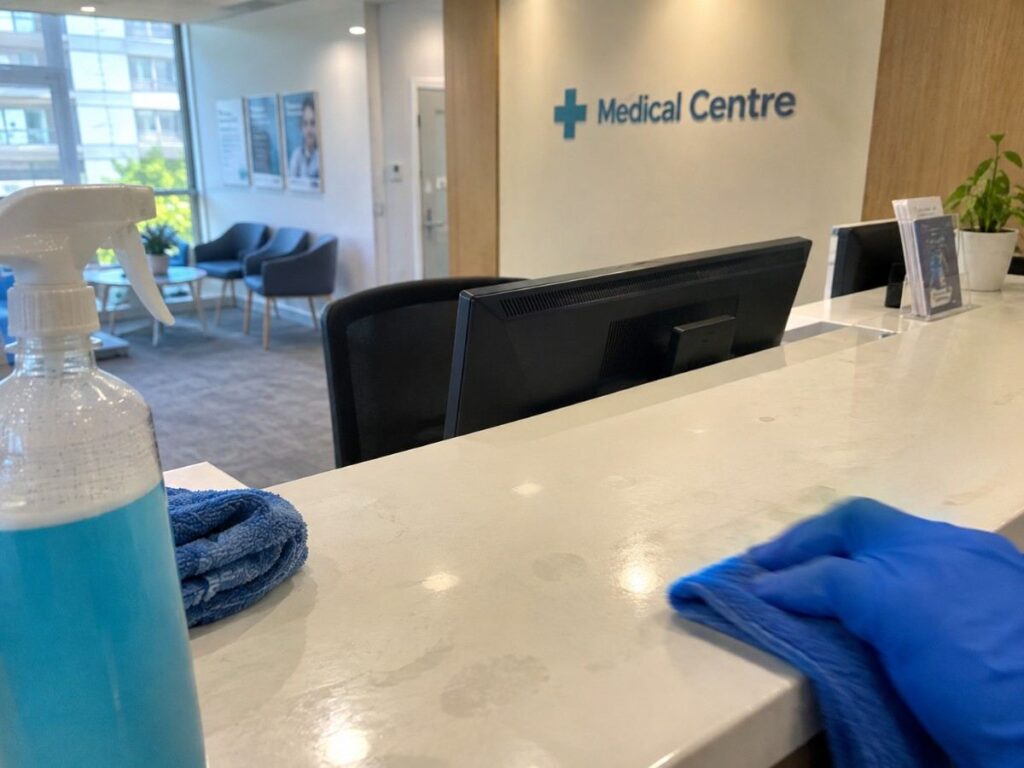 Cleaner disinfecting reception counter at a Sydney medical centre cleaning