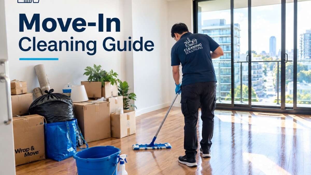 Empty Sydney apartment living room with cleaning supplies ready for move-in cleaning