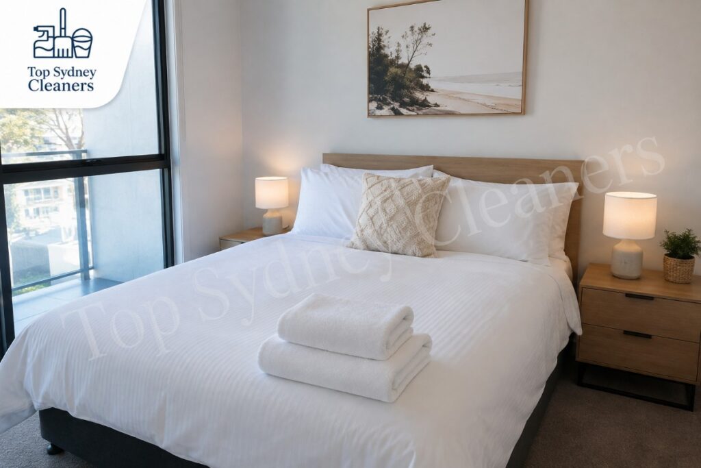 Freshly made bed after an Airbnb cleaning turnover in Sydney