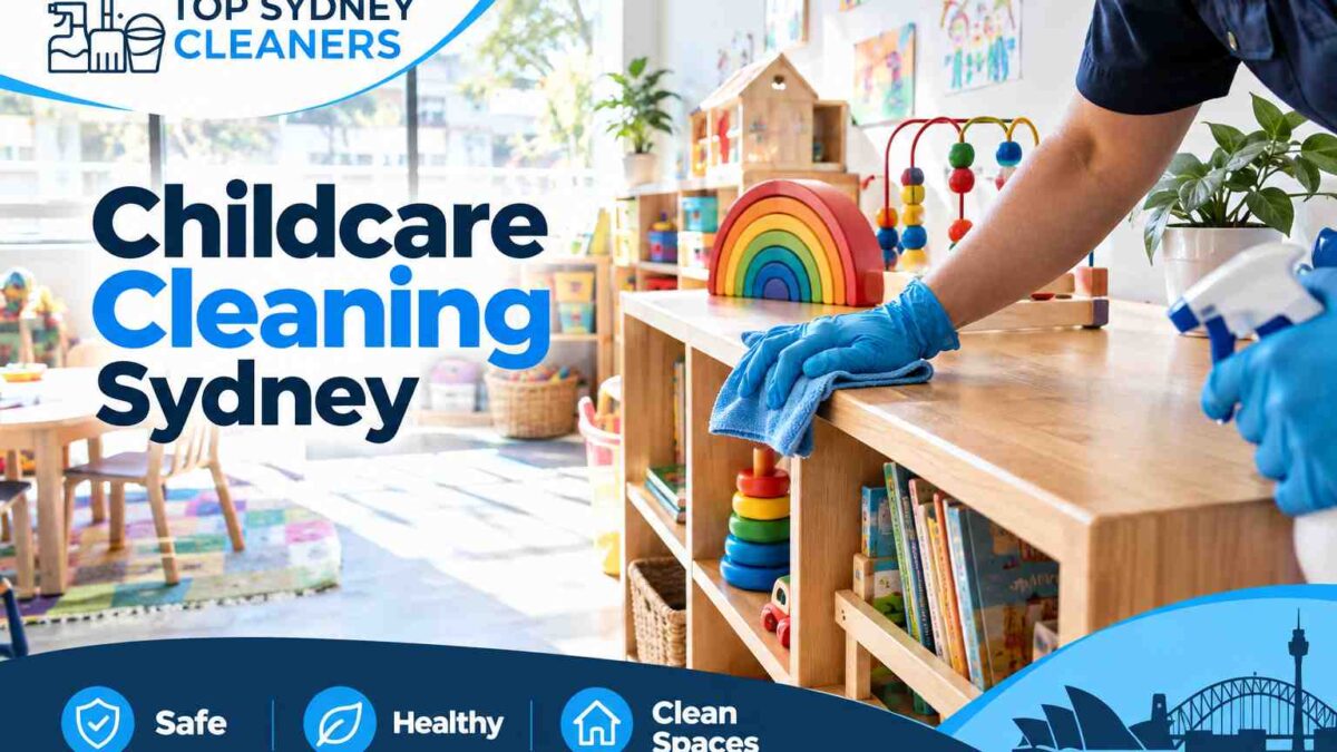 Cleaner wiping down a toy shelf as part of daily hygiene in childcare routine