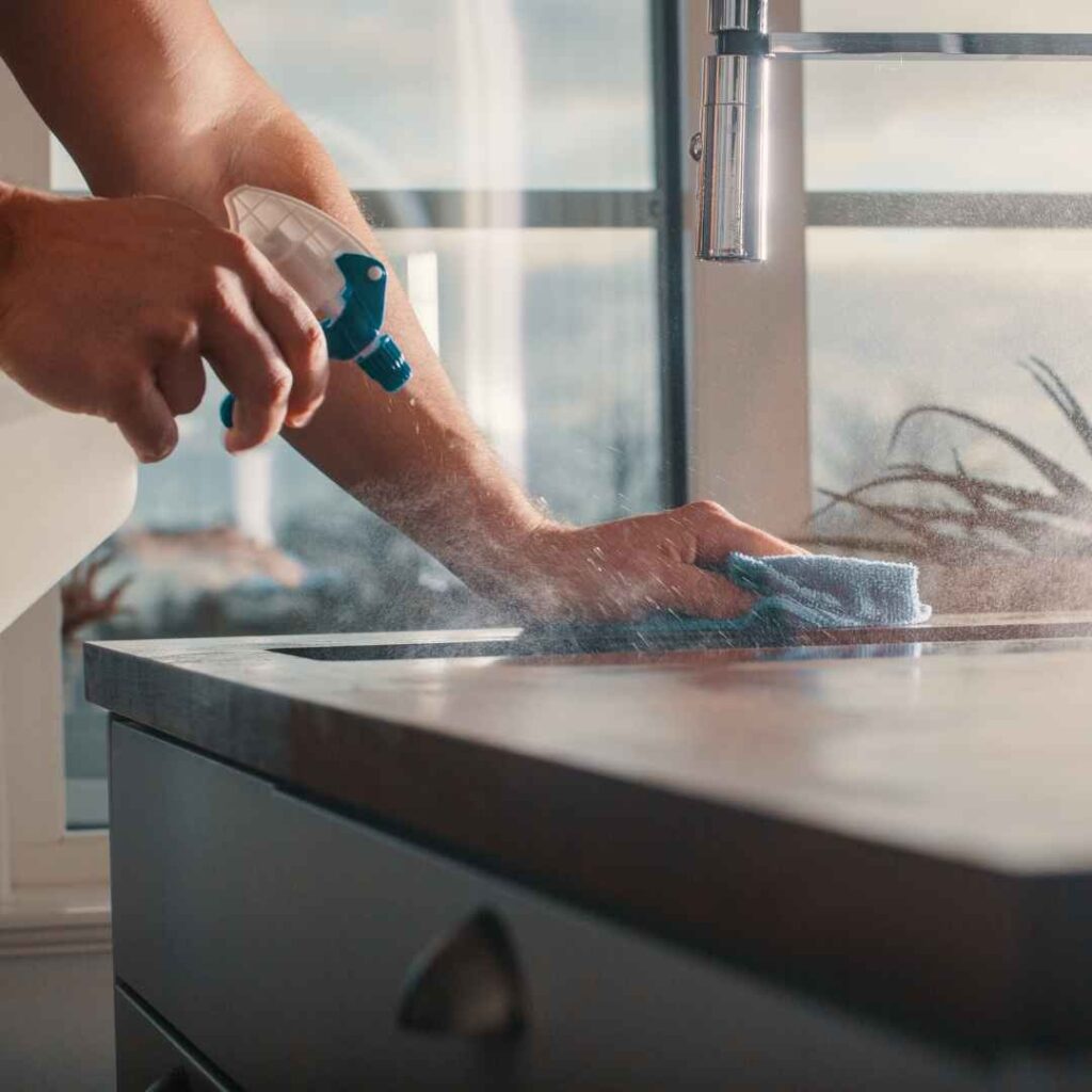 A cleaner spraying and wiping down a kitchen countertop