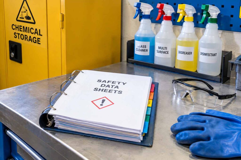 Safety data sheet folder beside labelled cabinet storing industrial cleaning agents