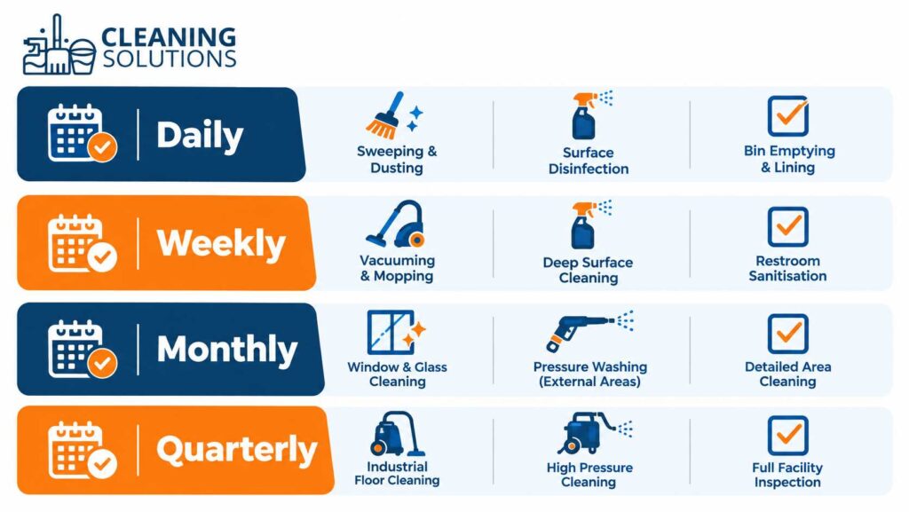 Industrial cleaning checklist infographic showing daily, weekly, monthly and quarterly factory tasks
