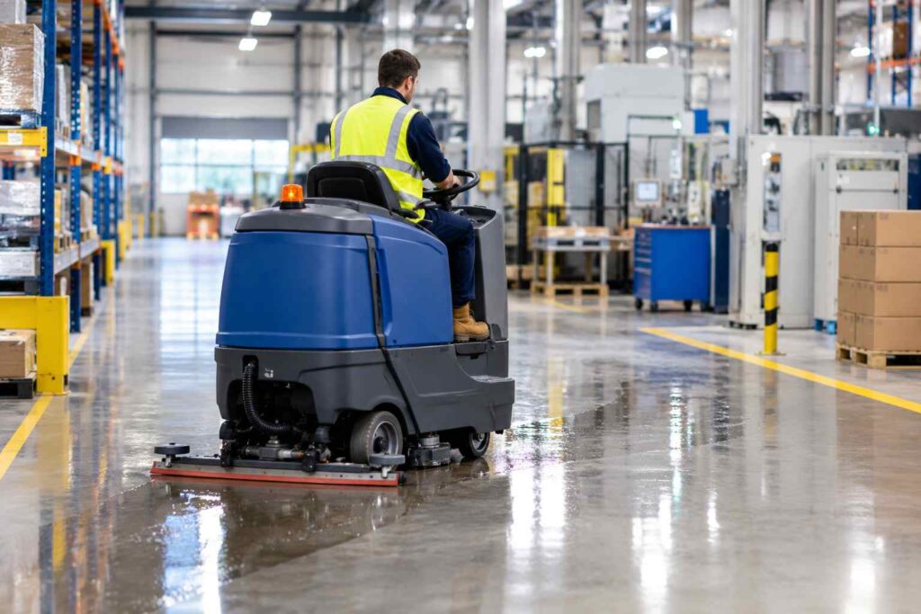 Cleaner operating industrial cleaning machinery, a ride on scrubber, on a factory floor