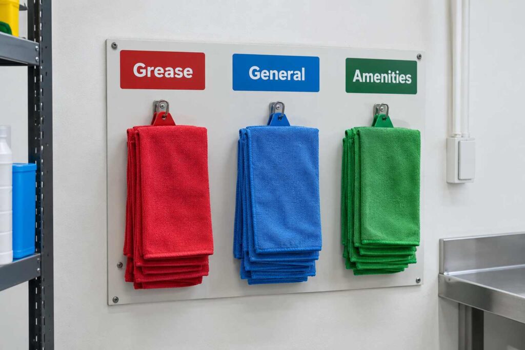 Colour coded industrial cleaning wipers in red, blue and green hanging on a wall chart