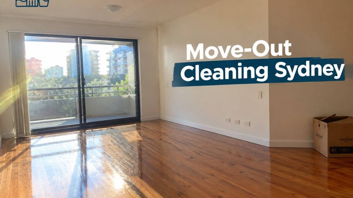 Empty Sydney apartment living room after a move-out cleaning, sunlight on clean floorboards
