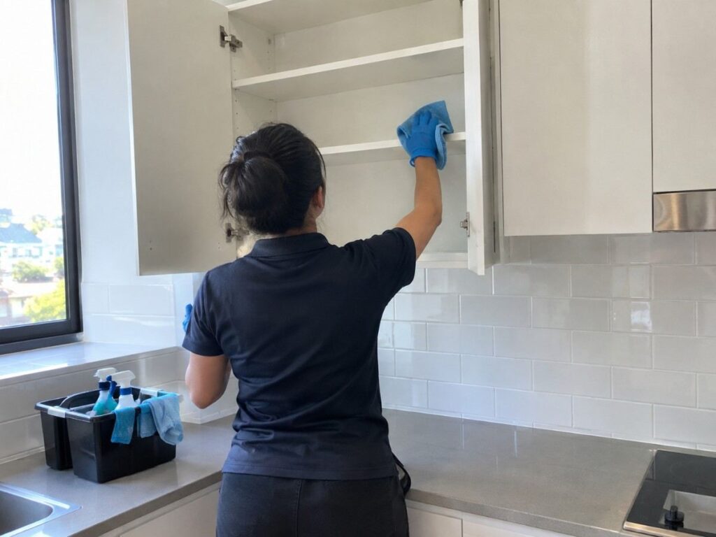 Professional cleaner wearing blue gloves and a dark uniform wiping down the inside of a clean kitchen cabinet during a move-out cleaning service