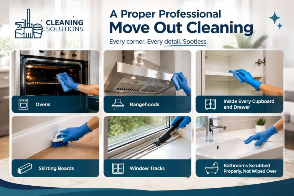 Move out cleaning checklist for ovens, rangehoods, cupboards, skirting boards, window tracks and bathrooms